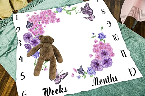 Image of Baby Monthly Milestone Blanket - Floral Butterfly Pattern, Purple, 48x40 Inch, Swaddling & Photo Memory Blanket for Girls