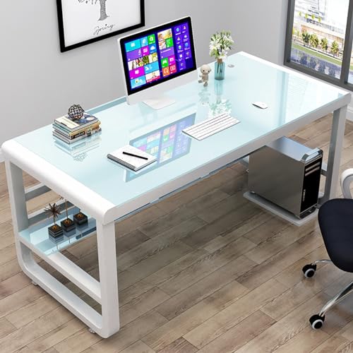 SXZenSpace Escritorio de computadora Moderno de Vidrio Templado con estantes para estudiar, Escribir y Jugar, Blanco (80 x 60 x 75 cm)