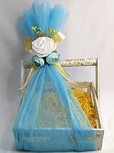 WS Wrap Shap Pine Wood Hamper Basket with Artificial Flower Decoration (Blue)