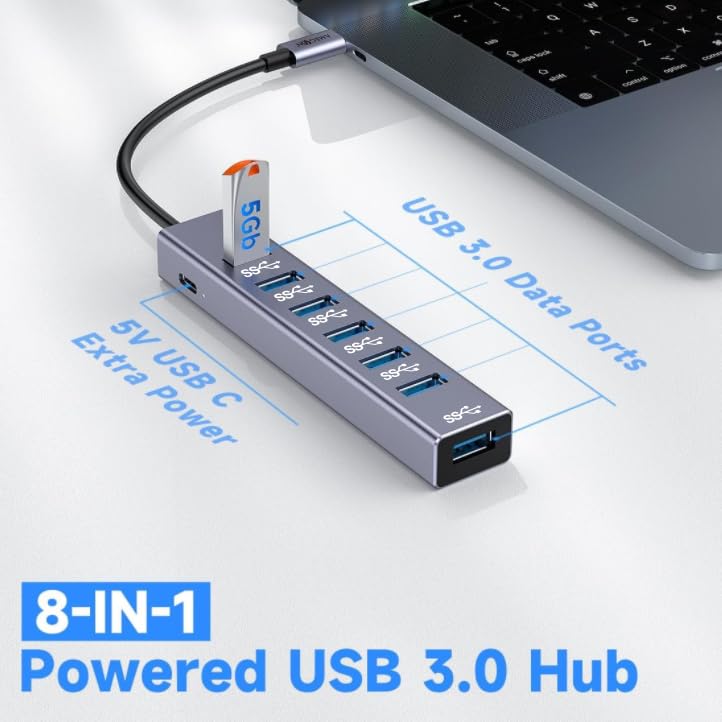 Image of AMUH07C USB-C to 8 in 1 Multifunction Hub USB 3.1, USB3.0 X 7: 5Gbps;USB C X 1:5v /3a Extra Power, Wide Compability: Laptop, PC Tower, Flash Drive, Keyboard, Mouse, Card Reader & More.