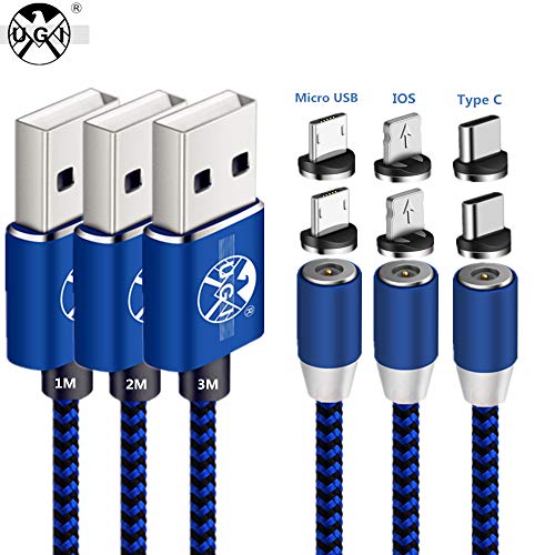 UGI Paquete de 3 Cables de Carga magnéticos con 6 Conectores, Cable Micro USB/i-Product/Type C Trenzado 3 en 1 Compatible con teléfonos y tabletas Sumsang iOS Huawei Xiaomi -1M+2M+3M/Azul