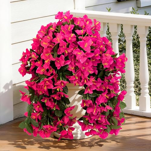 Artificial Bougainvillea Hanging Flowers Plants - 2 PCS faux Bougainvillea artificial flowers with Long Trailing Vines for Outdoor Decoration Perfect for Porch Garden Urn Patio Balcony (Rose Red)
