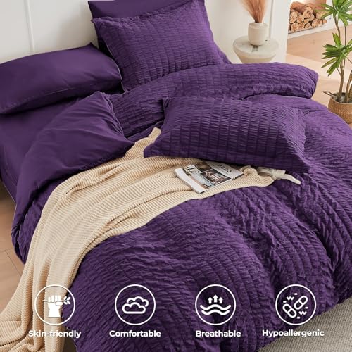 Image of HYMOKEGE Dark Purple Full Size Comforter Sets Seersucker 7 Pieces, All Season Luxury Bed in a Bag for Bedroom, Bedding Set with Comforter, Sheets, Pillowcases & Shams