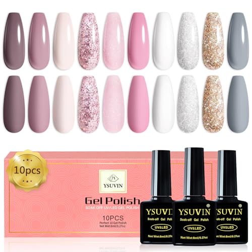 YSUVIN Esmaltes Semipermanentes de Uñas en Gel, 10 colores Esmaltes de gel de uñas, Rosa Oscuro Rojo Gris Glitter Oro Remojo UV/LED para el Kit de Manicura para el Salón de Arte de Uñas DIY en Casa