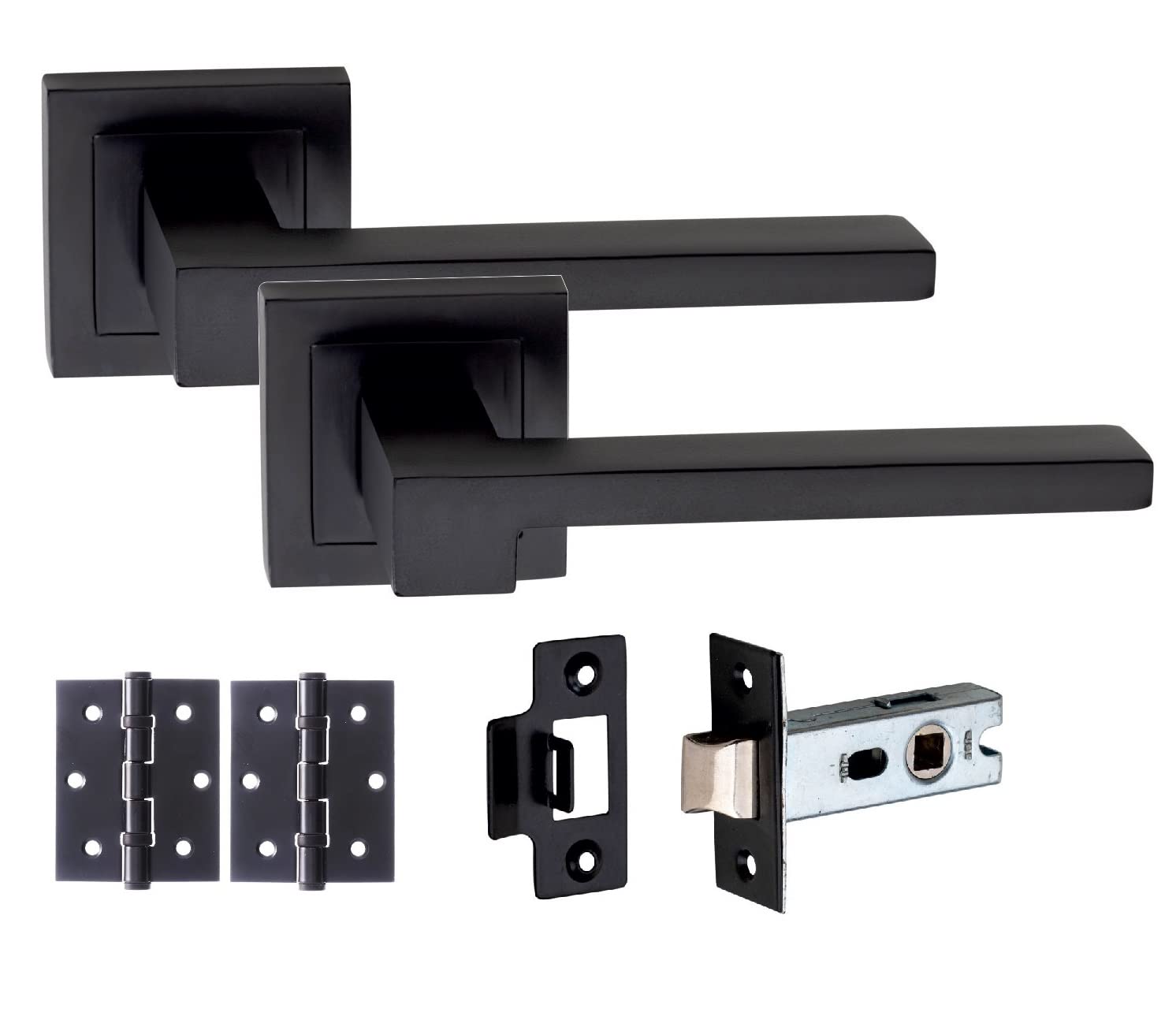 Golden Grace Zeta Latch Handle Set - Matte Black Door Handles - Modern Square Rose Design