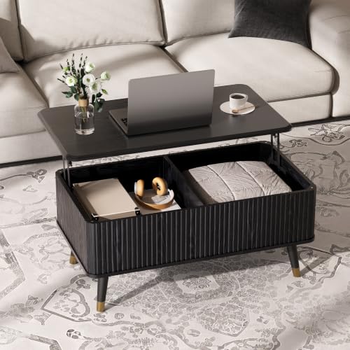 Image of JOINICE 38 inch Lift Top Coffee Table with Storage for Living Room,Black | Large Hidden Storage,Minimalist Modern Style,Fluted Center Table with Wooden Legs,Lifts to 23 inch,Holds 88lbs,Easy Assembly