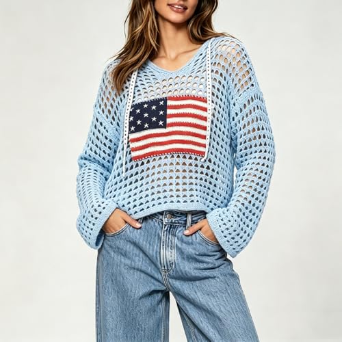 Image of Women's American Flag Crochet Sweater Long Sleeve Hollow Out Lightweight Knit Hoodie 2026 Summer Beach Cover Up Tops