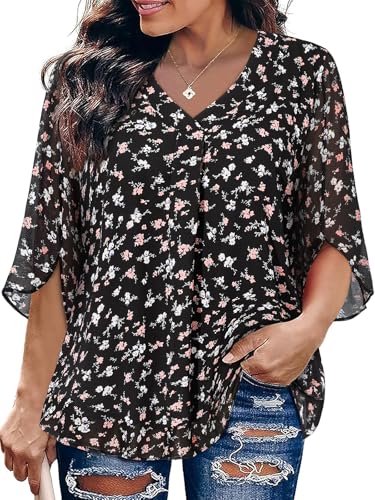 Blouse mousseline de soie grande taille manches 3/4 col V imprimé