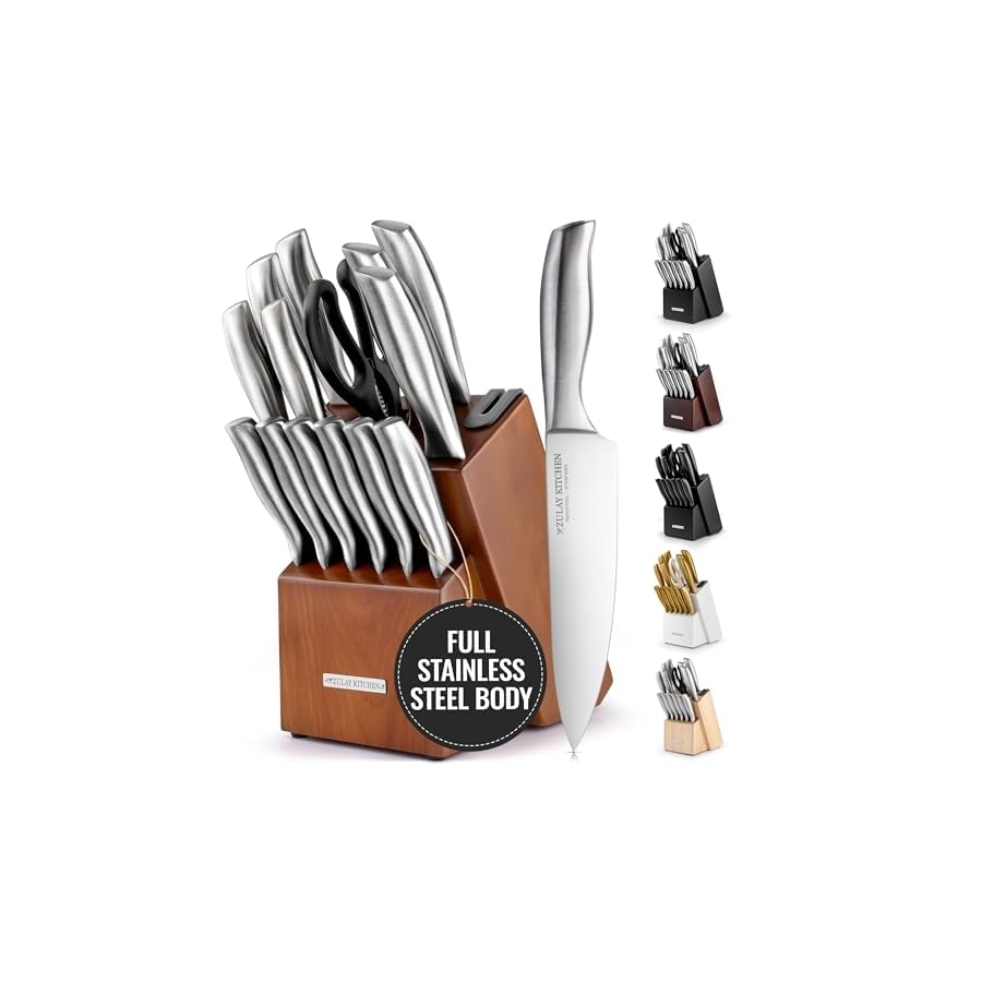 Zulay-Premium-Quality-15-Piece-Knife-Set-with-Natural-Wood-Block-Ultra-Sharp-One-Piece-Design-Stainless-Steel-Knives-Engineered-for-Precision-Cutting-Durable-and-Rust-Proof-with-Built-in-Sharpener Zulay 15 Piece Stainless Steel Knife Set with Block and Sharpener - Sharp Knife Block Set with Built In Sharpener - Kitchen Knife Set With Block - Rust Proof Knife Set Stainless Steel