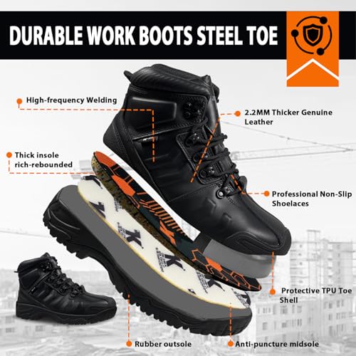Image of Steel Toe Boots, ASTM F2413-24, Waterproof Top Grain Leather Industrial Safety Work Boots, Puncture Proof, Oil /Slip Resistant, EH Electrical Hazard Construction Boots