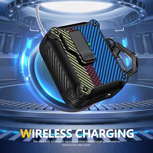 Image of RFUNGUANGO AirPods 2 Case with Lock Magnetic Lid, Carbon Fiber Blue