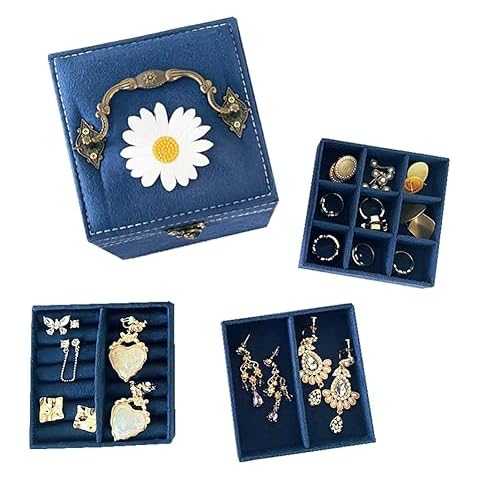 lemonadeus Retro 3-Layer Velvet Jewelry Organizer Jewelry Box for Women Girls Kids Small Jewelry Box Travel Portable Jewelry Holder Earrings Necklaces Bracelets Rings Organizer (daisy navy) Cover