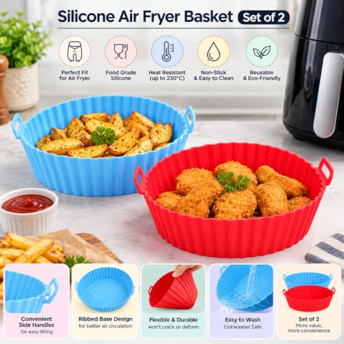 Image of Cutting EDGE Silicone Air Fryer Basket | Non Stick & Reusable Baking Tray | Round Liners With Ear Handles, Heat Resistant Oven Cooking Accessories (Set of 2, Red & Blue - Color)