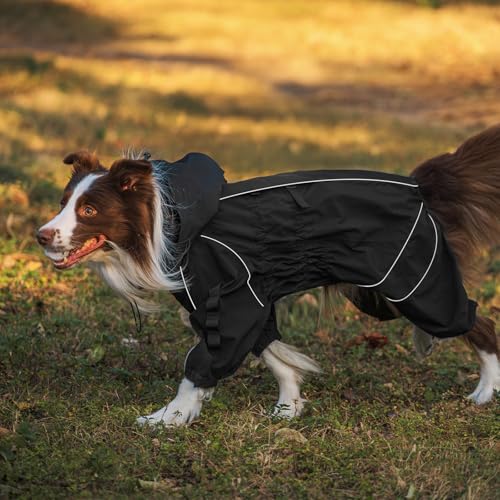 OneTigris Regenmantel Hund, RIDERSTORM Regenjacke wasserdichte Kältebeständig mit Abnehmbarer Kapuze Reflektierender Verstellbarer Hunderegenjacke Maschinenwaschbar Schwarz M