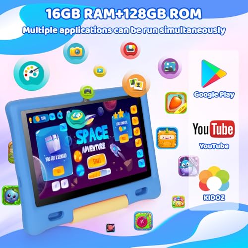 Image of Gleeso Kids Tablet 10 Inch, Android 15 Tablet for Kids, 20GB RAM 128GB ROM 1TB Expand, 5000mAh Battery, Tablet for Toddler Children with case, Parental Control & UKIDOZ, BT5.4, Dual Camera, Gift-Blue