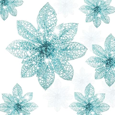 Krisdecor 10Pcs Glitter Poinsettia Flowers Christmas Tree Ornaments, Artificial Poinsettias Bushes Christmas Decor for XmasHolidayWedding, 5.9-inch (Baby Blue) Cover