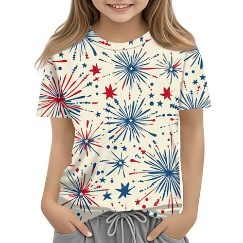 American Flag Shirts Girls Patriotic Shirt USA Flag Stars Stripes Print T-Shirt 4th of July Tee Tops