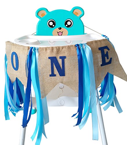 Jefferson 1st Birthday ONE High Chair Banner for Boys Girls First Birthday Decorations Burlap Birthday Banner (Blue)