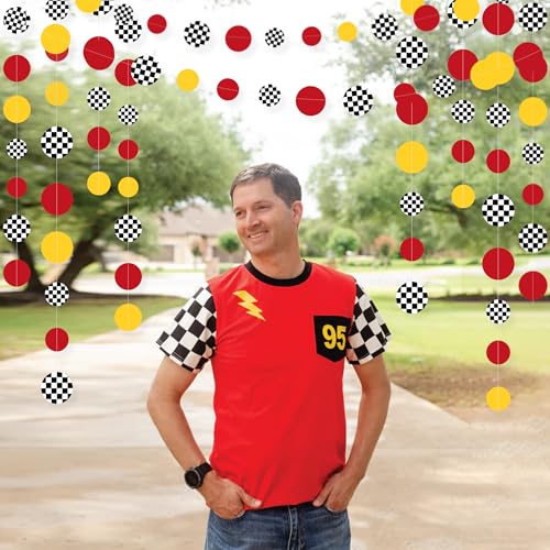Image of Racing Car Party Decorations Yellow Red Circle Dot with Checkered Printed Polka Dots Garland Streamer for Race Fans Birthday Wedding Shower Let's Go Racing Party Decor Supplies