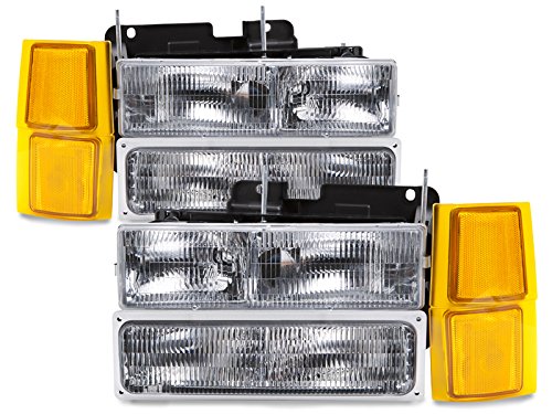 HEADLIGHTSDEPOT Halogen Headlights 8Pc Compatible with Chevrolet Pickup Blazer C1500 Suburban C2500 C3500 K1500 K2500 K3500 Tahoe 1994-2001 Includes Left Driver and Right Passenger Side Headlamps