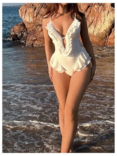 SweatyRocks Women's Ruffle One Piece Swimsuit Deep V Neck Tummy Control Bathing Suit4