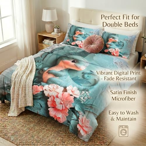 Image of Dinosaur 7D Printed Bedsheet for Double Bed | Glace Cotton 7D Digital Print | 90x100 Inch (228x254 cm) | 1 Bedsheet + 2 Pillow Covers | Soft, Breathable & Vibrant Colour Bedding Set