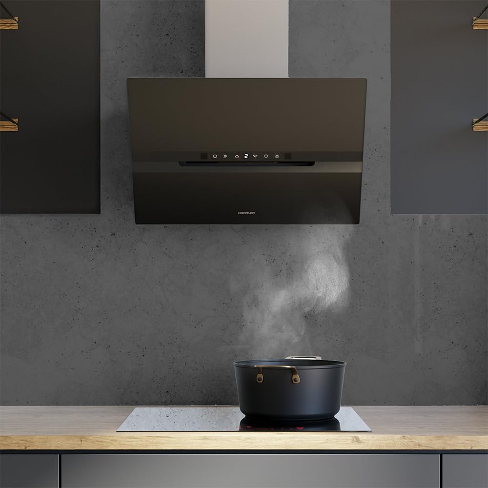 Cecotec Cappa Aspirante 60 cm Vetro Temperato. Bolero Flux DT 608010 Glass Black A++ 210W, Cappa 60cm vetro nero, Flusso d'Aria 800m3/h, A++, Touch, LED, Bluelit, Carbonio Ø176, alluminio 5 strati
