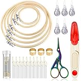 47 Pieces Cross Stitch Tool Embroidery Starter Kit 6 Pieces Bamboo Sewing Hoops, Retro Scissors, Thimbles, Cross Stitch Needle-Threading Tools and Embroidery Needles for Sewing Embroidery Supplies