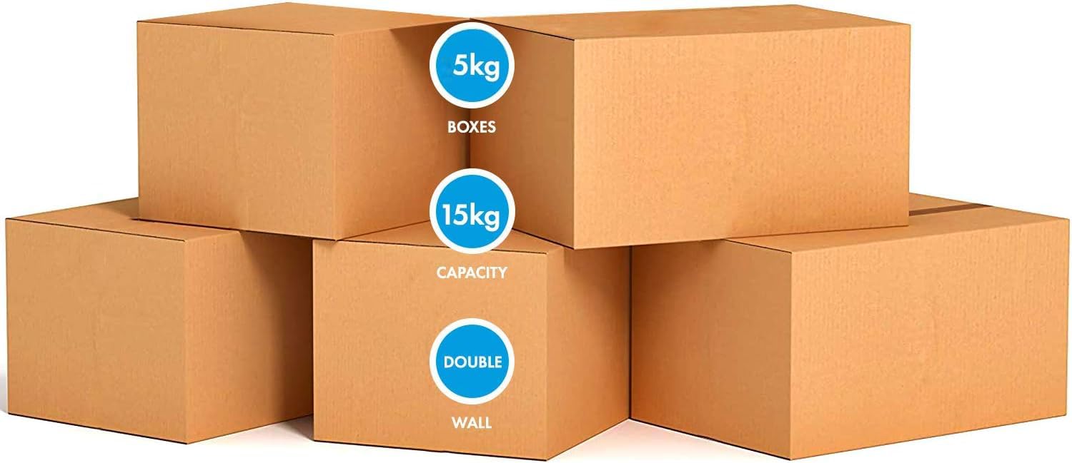 MARKQ [5 Pack] Small Double Wall 100% Recyclable Corrugated Cardboard Moving Boxes with 15 KG capacity, 41 x 33 x 33 cm Brown Carton for Packaging, Shipping and Storage, 5 ply