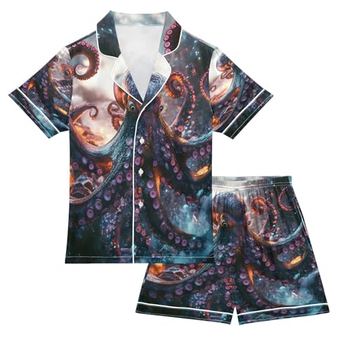 ALAZA Dark Octopus Fish Ocean Satin Pajamas Set Short Sleeve Button Down Sleepwear Summer Pjs 2 Piece