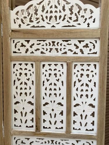 Image of Home & Goods International Wooden Room Divider Partition - Foldable Wood Screen Separator for Living Room, Bedroom, Office, Restaurant - Kangra Badrun, Natural & White (4 Panel with Stand)