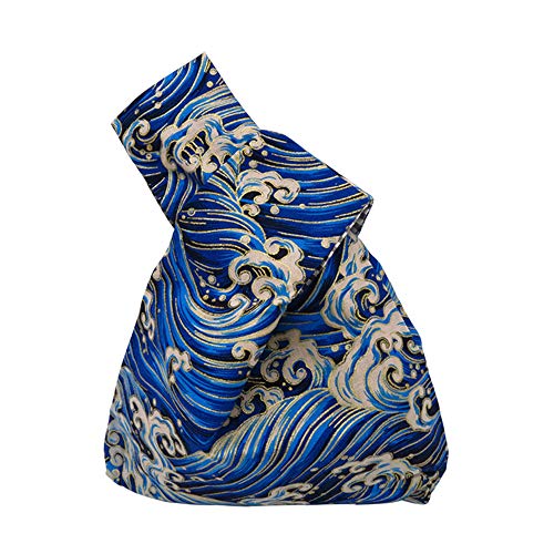 Image of Stylish Cotton Japanese Pattern Wrist Bag Sleeve Knot Pouch Portable Canvas Tote Purse for Female, Women (Wave)
