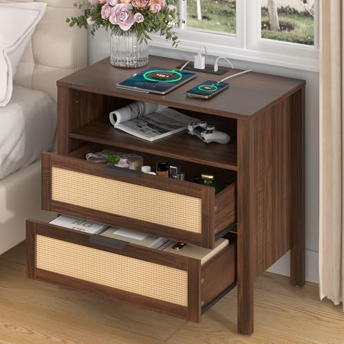 HOMMPA Rattan Night Stand with Charger Station, 26'' Wide Boho Nightstand with 2 Drawer, Modern Bedside Table with USB Port & AC Outlet, Bed Side End Table Dresser with Open Shelf for Bedroom, Walnut - image 9
