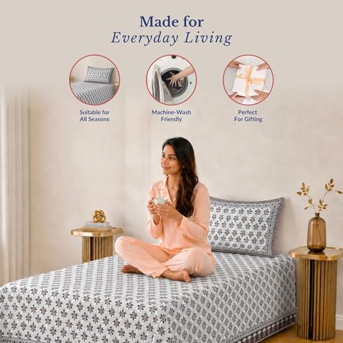 Image of Jaipur Weaves Single Bed Cotton Bedsheet with 1 Pillow Cover, 100% Pure Cotton Single Bedsheet 60x90 Inches, 180 TC Soft Breathable Floral Bed Sheet - (Floral Mahogany Red)