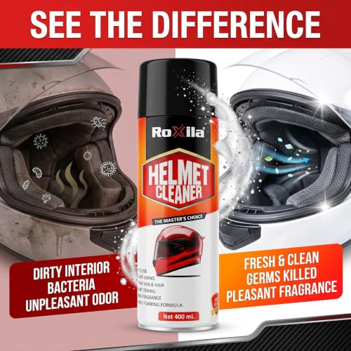 Image of Roxila Quick-Dry Helmet Cleaner Spray, 400 ml, Anti-Bacterial Foaming Formula | Deep Cleaning & Odor Removal | Safe for Skin & Hair | Prolongs Helmet Lifespan | Fresh Fragrance
