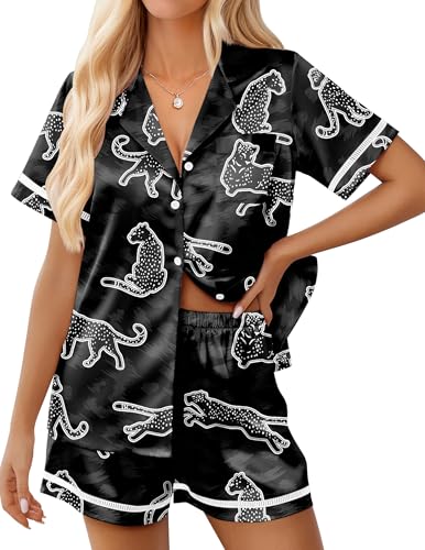 Image of Ekouaer Womens Silk Pajama Sets Button Up Satin Pjs Short Sleeve 2 Piece Pj Sets Cute Lounge Sets with Chest Pocket