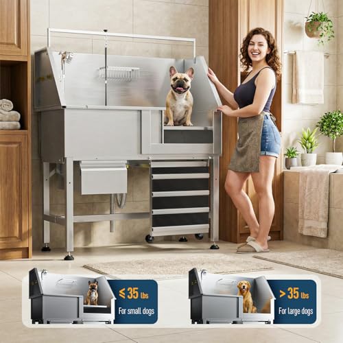 Image of 46 inch Heavy Duty Dog Washing Station - 304 Stainless Steel Pet Bathing Tub with Right Side Ramp, Elevated Grooming Sink with Storage Drawer & Removable Floor Grate, Outdoor Ready for Large & Medium Dogs