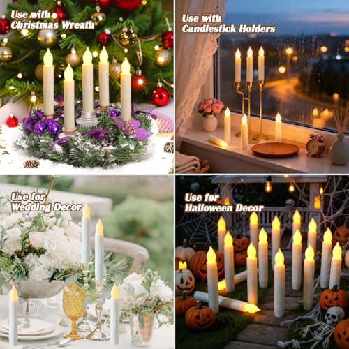 Image of Lezonic Flameless Battery Operated Candlesticks Flickering, 24Pcs White LED Battery Christmas Window Candles, 6 Inch Short Taper Candles Hanging Halloween Floating by Touch, No Remote