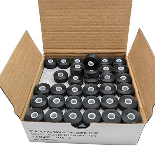 Image of YEQIN Prewound Bobbin Thread, Sideless, 144pcs Type L Size (SA155) Black 75D /2 Polyester Thread, Compatible with Babylock, Barudan, Bernina, Brother, Consew, Singer, Tajima and More