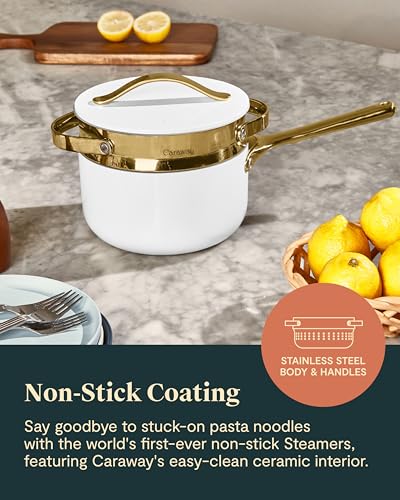 Image of Caraway Steamer - Stainless Steel Steamer with Handles - Non Stick, Non Toxic Coating - Steam Veggies, Seafood, and More - Compatible With Our Dutch Oven or Sauce Pan - Small, 3qt - Gold