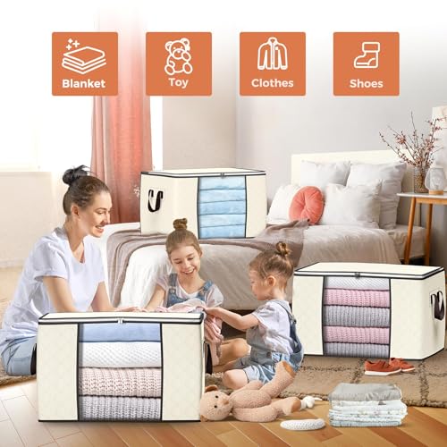 Image of 90L Large Storage Bags, 10 Pack Clothes Storage Bins Closet Organizers | Foldable Storage Containers, with Reinforced Handle, for Clothing, Blanket, Comforters, Bed Sheets, Pillows and Toys,Beige