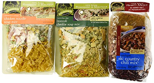 Frontier Soups 100% Natural Homemade In Minutes Gluten-Free Soup Mix 3 Flavor Variety Bundle: (1) Michigan Ski Country Chili Mix, (1) Virginia Blue Ridge Cheddar Broccoli Soup Mix, and (1) Connecticut Cottage Chicken Noodle Soup Mix, 4.5-15 Oz. Ea.