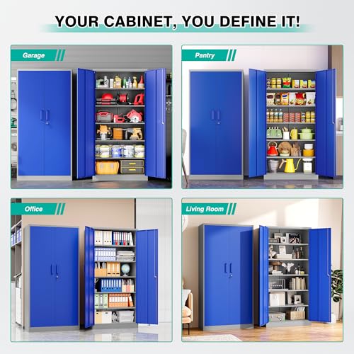 Image of Metal Cabinet with 5 Adjustable Shelves,6 Tier Garage Storage Cabinet with Lock,Gray Blue Metal Storage Cabinet with Locking Doors,Steel Cabinets,71 inch Lockable Storage Cabinets for Home,Office,Garage
