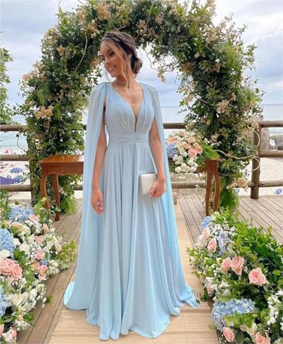 Women's Bridesmaid Dresses with Sleeves Pleated Chiffon V Neck Formal Evening Dress2