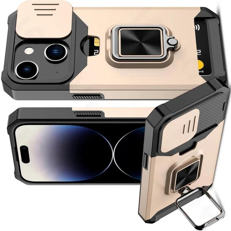 Image of LuxuryKase Shockproof Armor Case for iPhone 15 Plus | Slide Camera Cover | Hidden Card Slot | Rotating Ring Kickstand | Magnetic Car Mount Support | Military Grade Protection - Gold