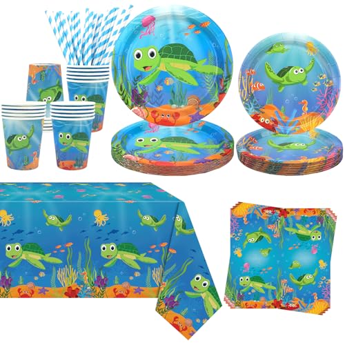 Obussgar Décoration de fête d'anniversaire tortue - Comprend assiettes, tasses, serviettes, nappe, pailles - Serviette/20