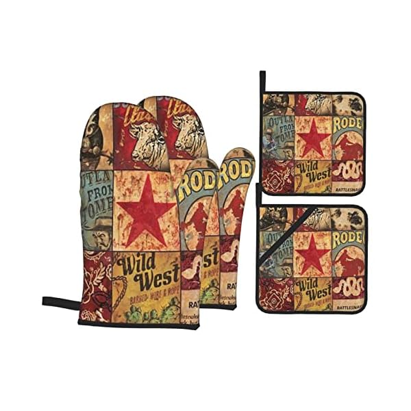 Western Cowboy Boots Farmhouse Rustic Style Oven Mitts and Pot Holders Set of 4, Oven Mittens and Potholders Heat Resistant Gloves for Kitchen Cooking Baking Grilling BBQ