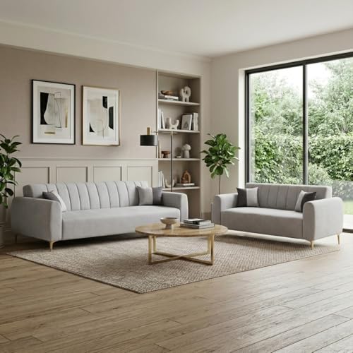 Image of Habibi Rich Velvet Suede 3+2 Seater Sofa Set | Spacious Soft Touch Comfort Seating | 5 Person Seating | Modern Living Room Sofa Set (Light Gray)