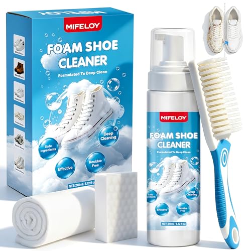 Mifeloy Shoe Cleaner 240ml Foam Trainer Cleaner for White Shoes Sneakers & Canvas Lifts Dirt & Stains Complete Cleaning Kit with Brush Cloth & Magic Sponge