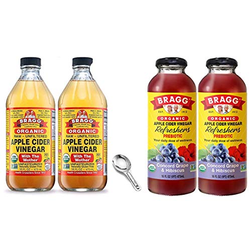 Bragg Organic Apple Cider Vinegar With the Mother 16 Oz Pack of 2 w/ Measuring Spoon and Bragg Organic Concord Hibiscus Vinegar Drink 16 Oz Pack of 2 Bundle
